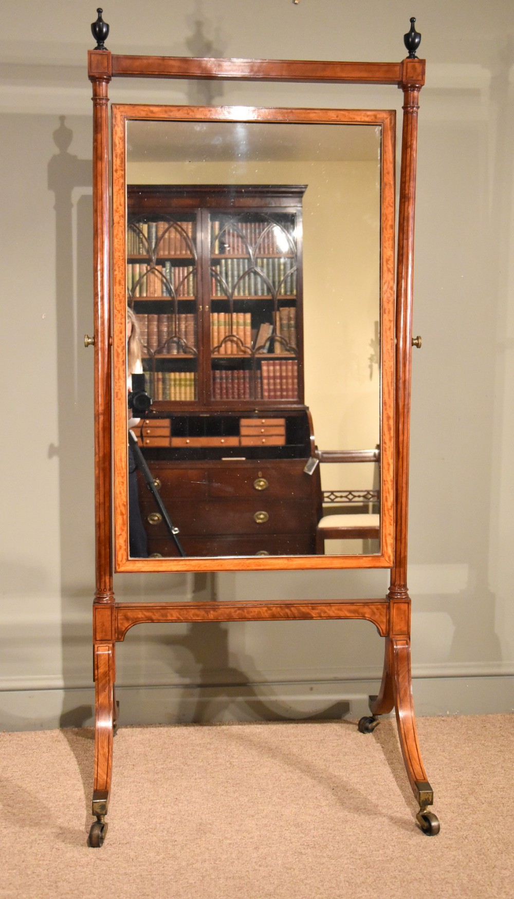 A Good George III Sheraton Period Satinwood Cheval Mirror