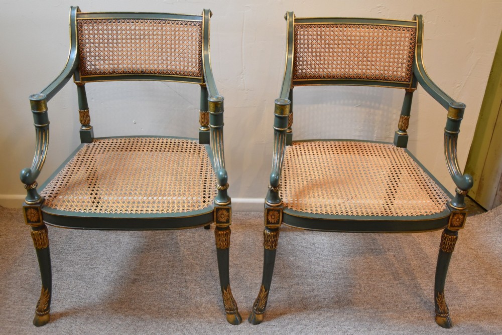 Pair of 19th Century Regency Green Gilded Armchairs