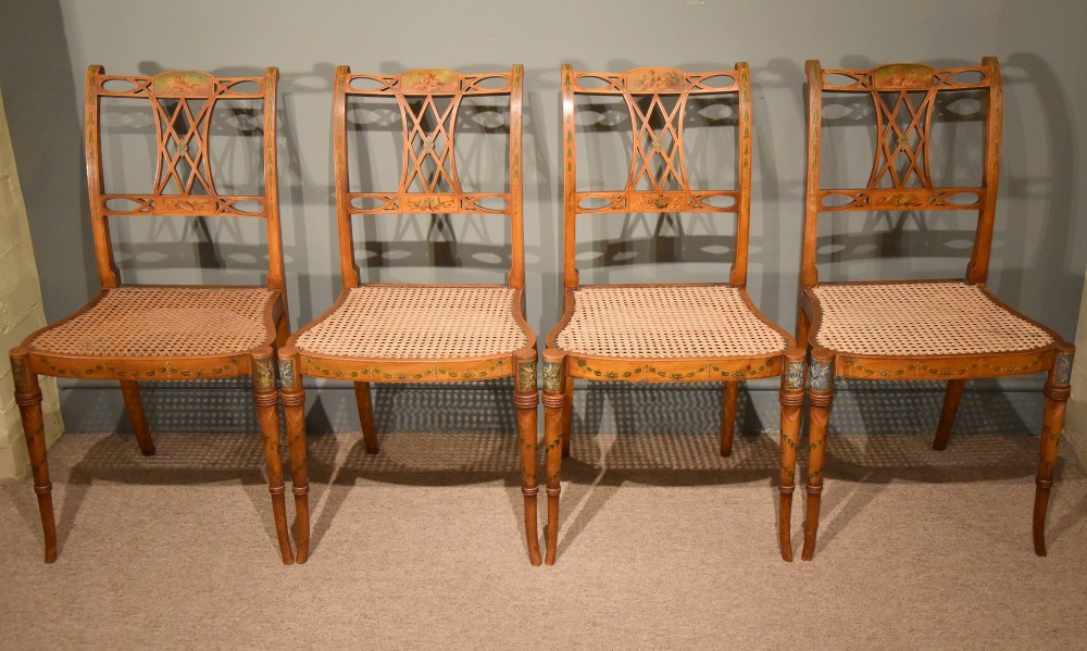 Late 19th Century Set of Four Satinwood Hand Painted Chairs