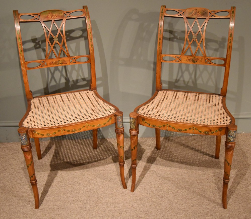 A Pair of Late 19th Century Satinwood Painted Side Chairs