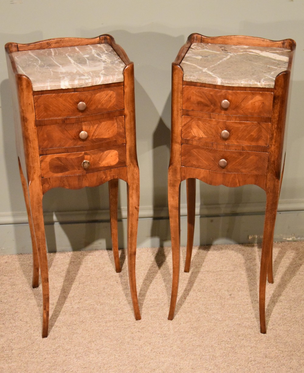 Tiny Pair of French Bedside Tables with Marble Tops