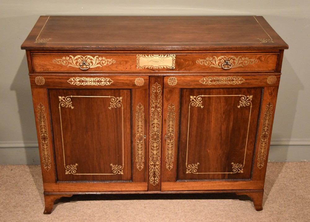 Fine Regency Period Rosewood Brass Inlaid Side Cabinet by Pitcher