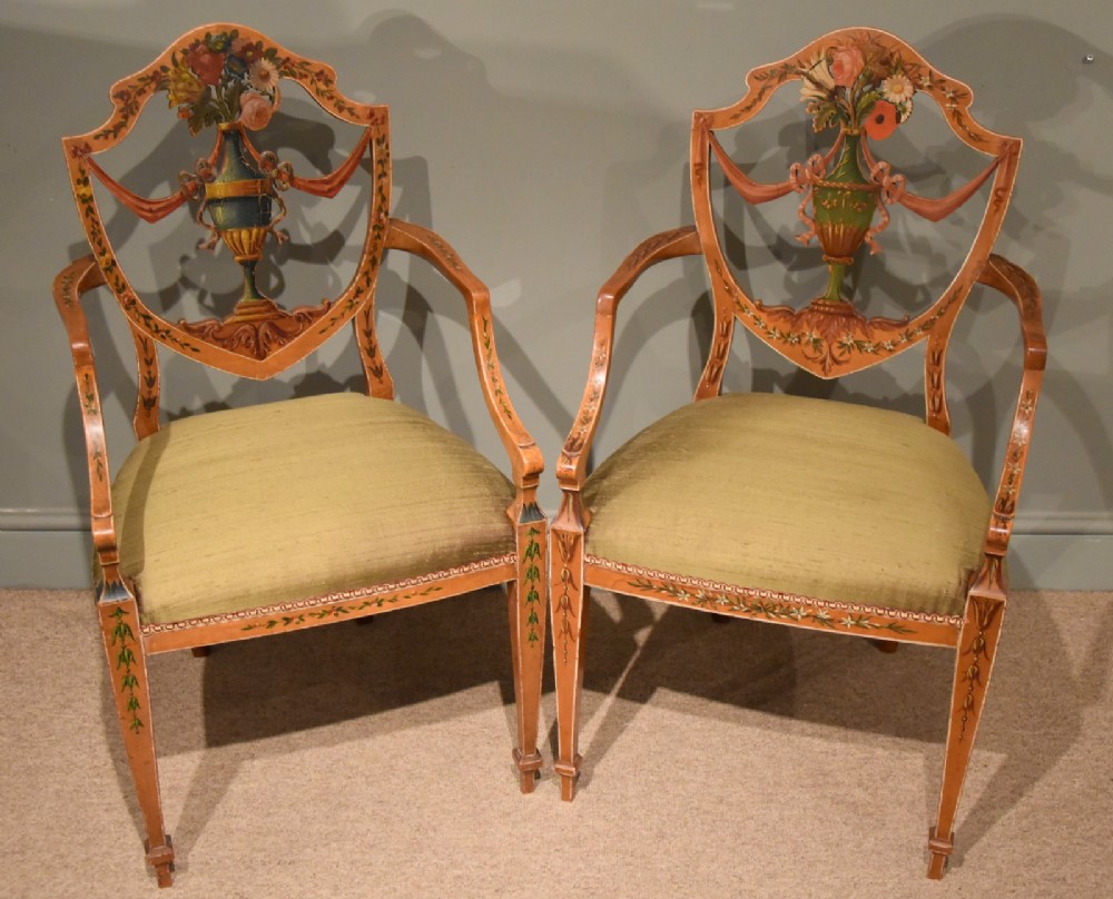 A Very Fine Pair of early 19th Century Satinwood Painted Armchairs