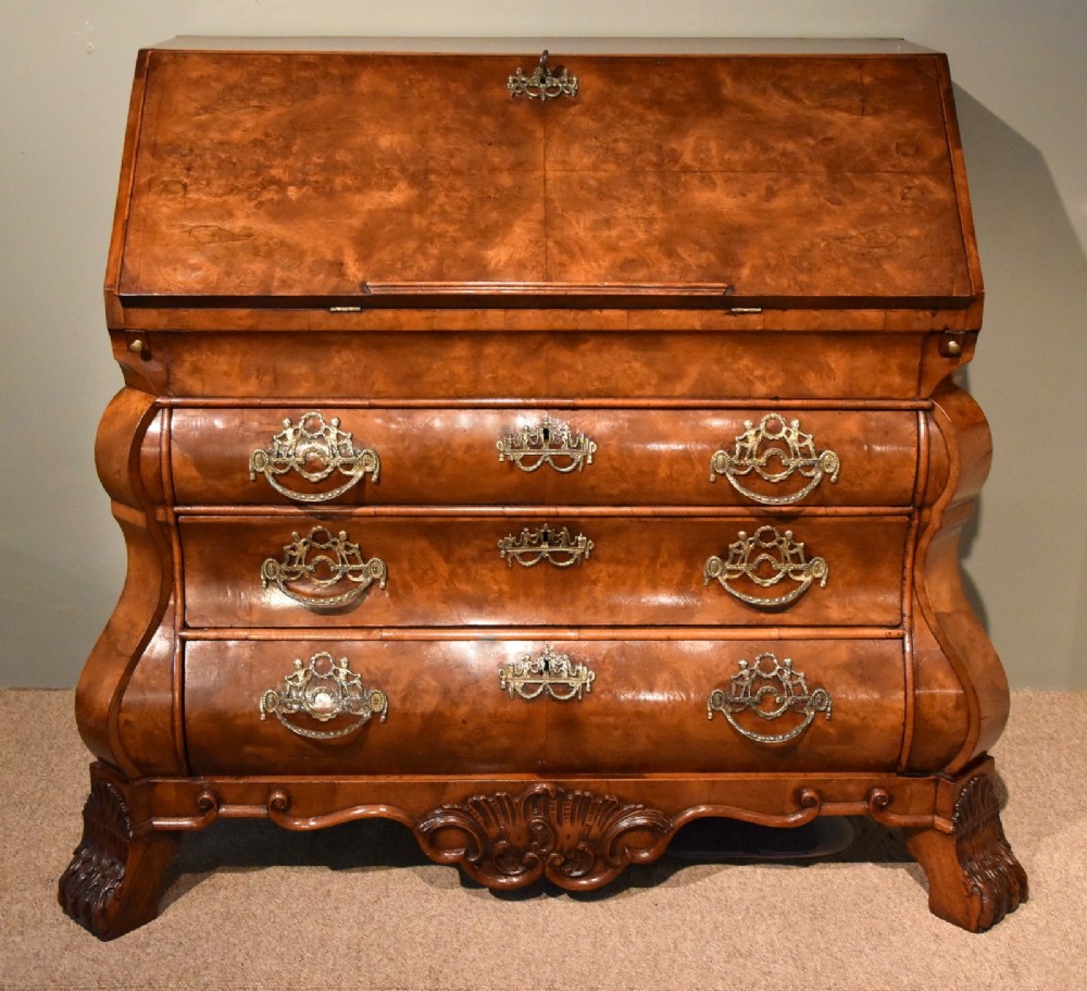A Fabulous Dutch Burr Walnut Bombe Fronted Bureau