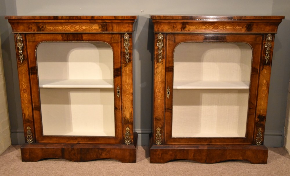 An Exquisite Pair of Inlaid Walnut Brass Pier Cabinets 