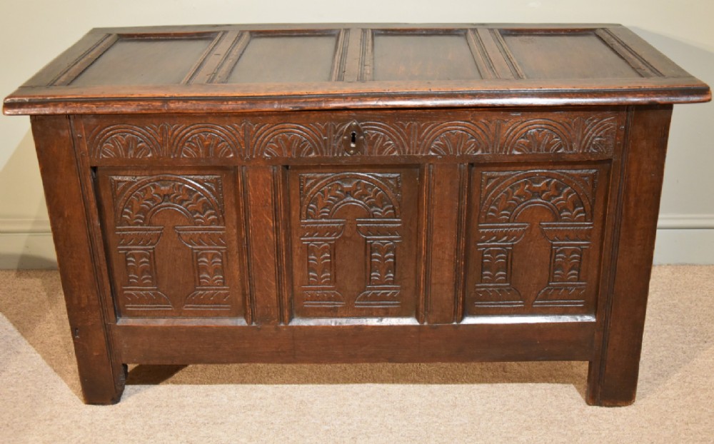 A Handsome Oak Three Arched Carved Panelled Coffer