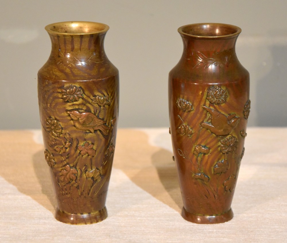 Pair of Diminutive Patinated Bronze Vases 