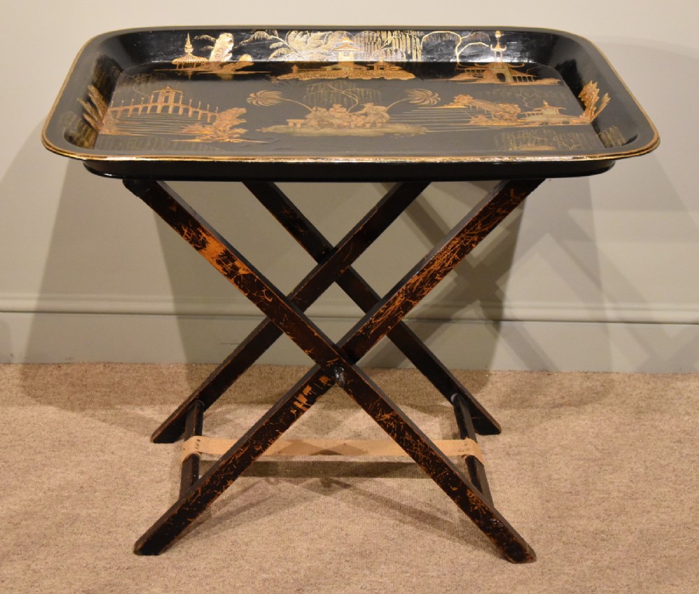 A Lovely Regency Period Chinoiserie Lacquer Tray on Stand