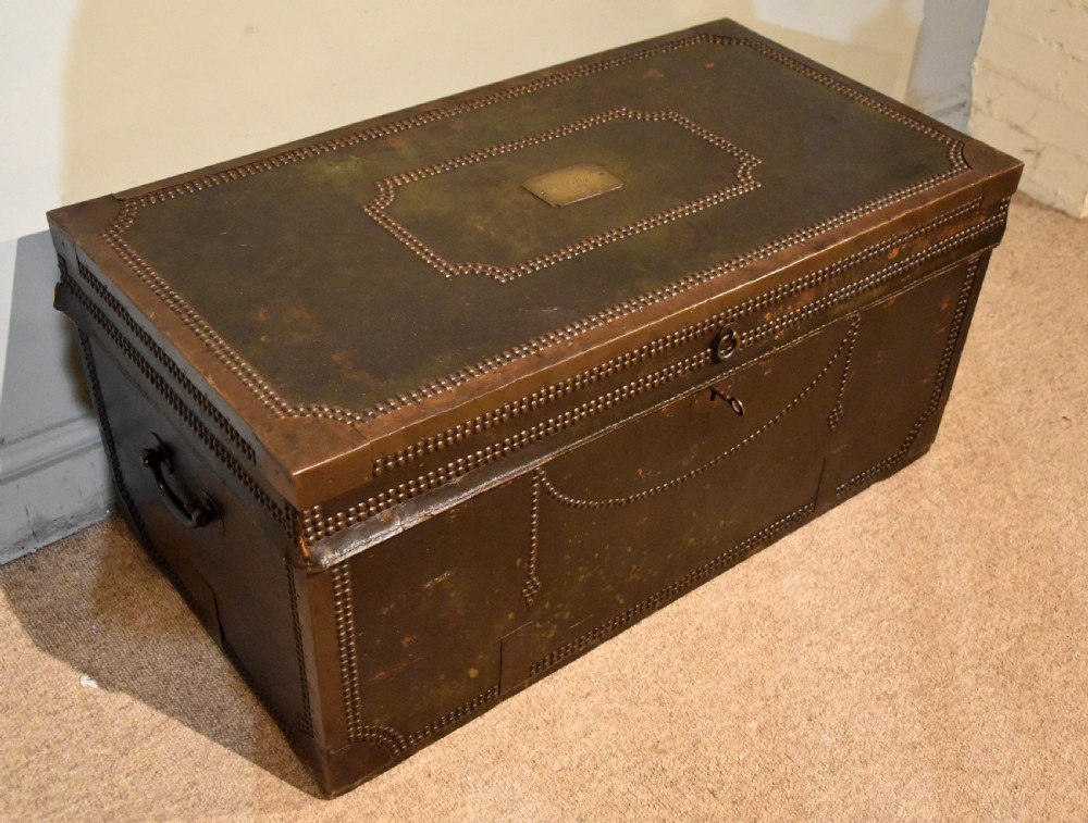 Large George III Green Leather, Camphor Wood Coaching Trunk