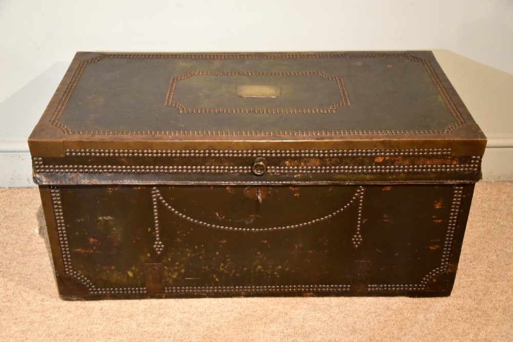 Large George III Green Leather, Camphor Wood Coaching Trunk View II