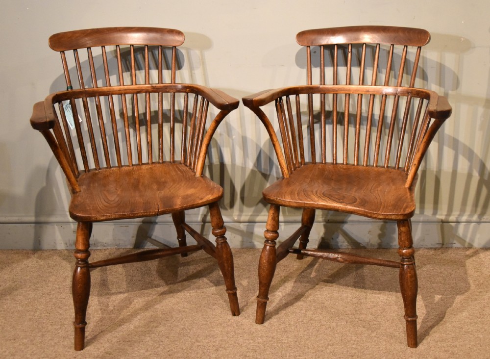 Pair 19th Century Country Ash Elm Windsor Armchairs