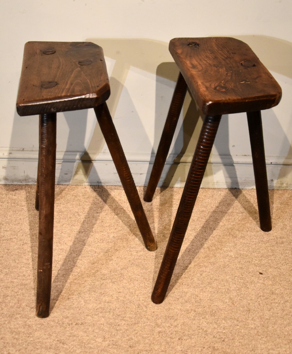 Matched Pair 19th Century Elm High Turned Stools
