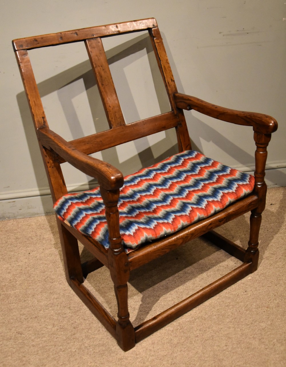 Early 18th C Primitive Elm Open Armchair