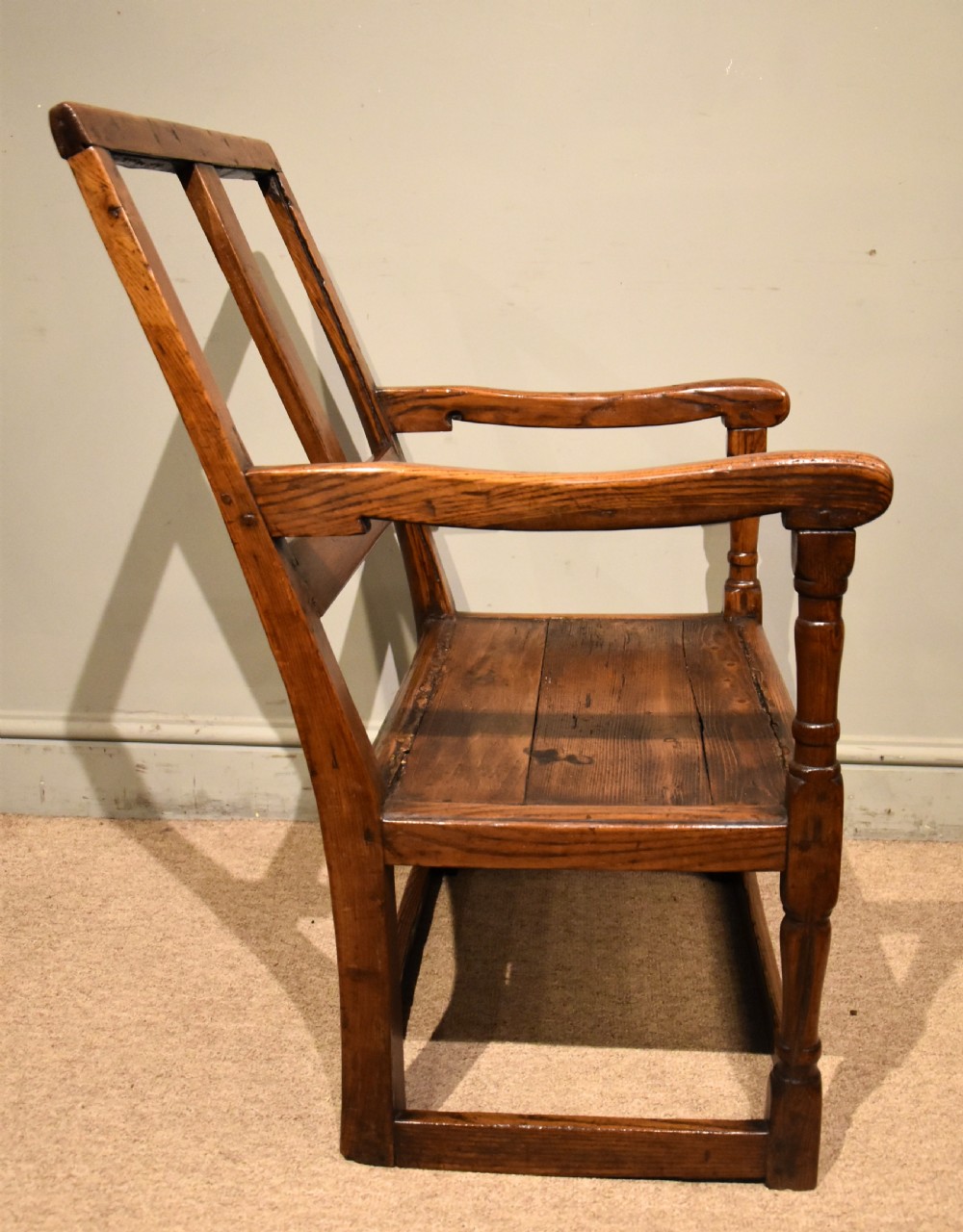 Early 18th C Primitive Elm Open Armchair View V