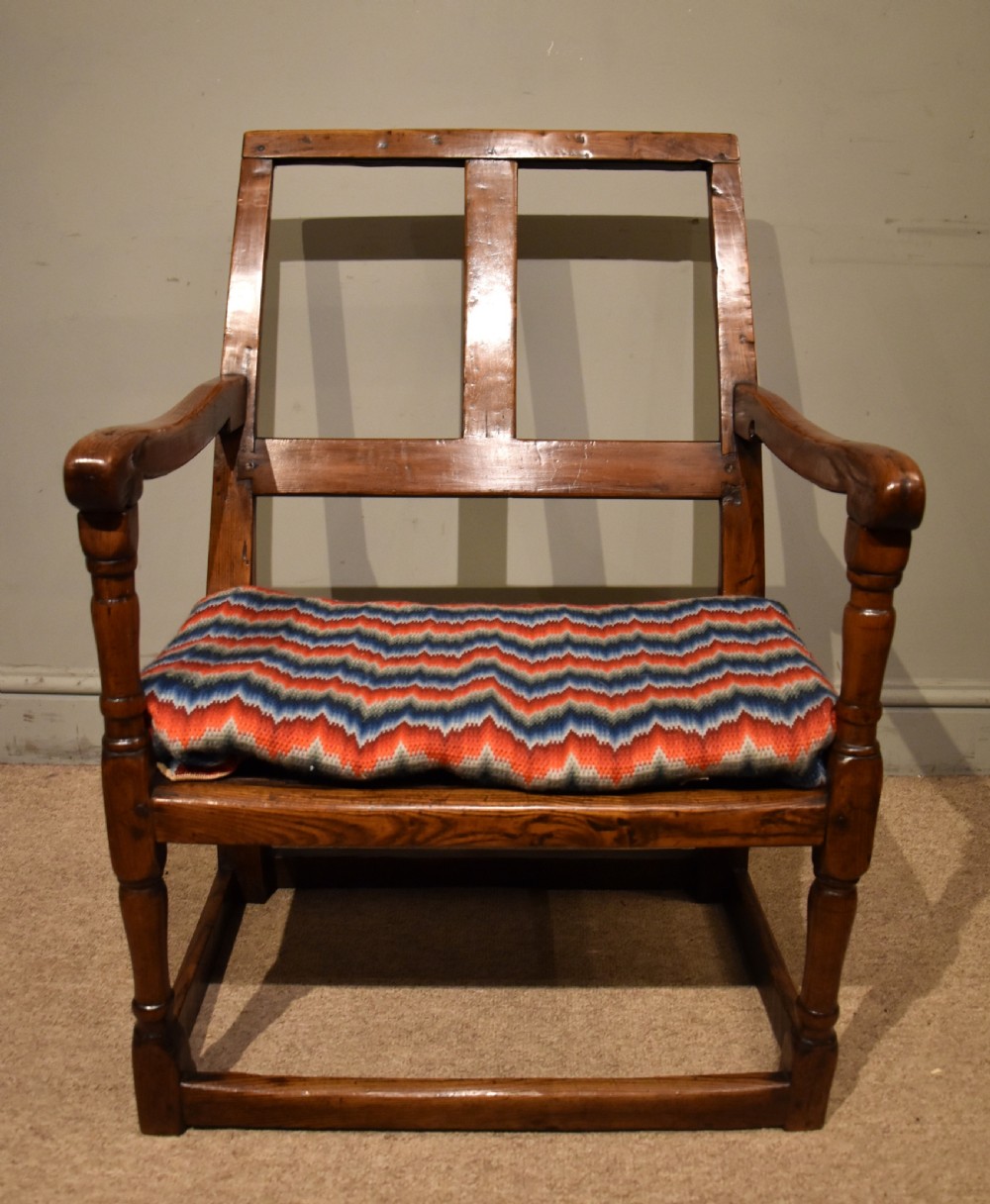 Early 18th C Primitive Elm Open Armchair View VI