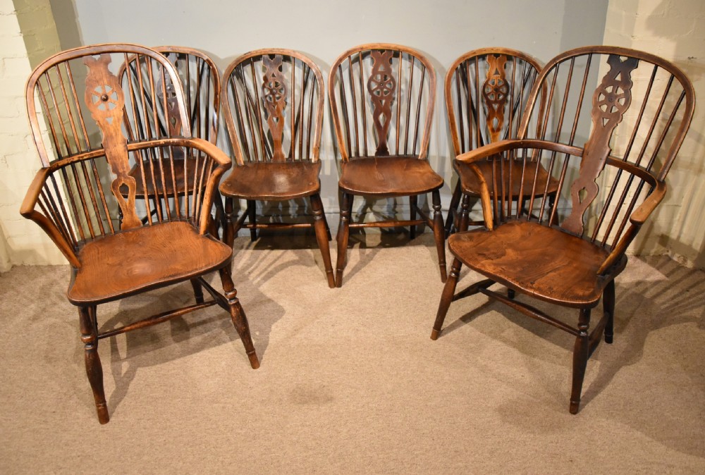 Set of Six Ash and Elm Wheel Back Dining Chairs
