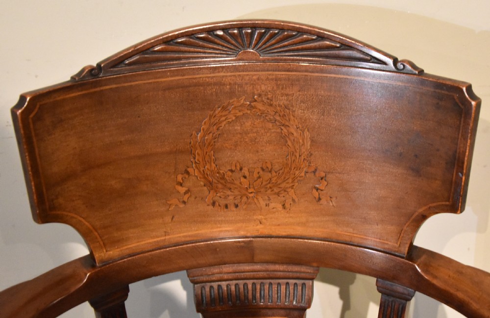 late 19th century French mahogany and marquetry elbow chair View II