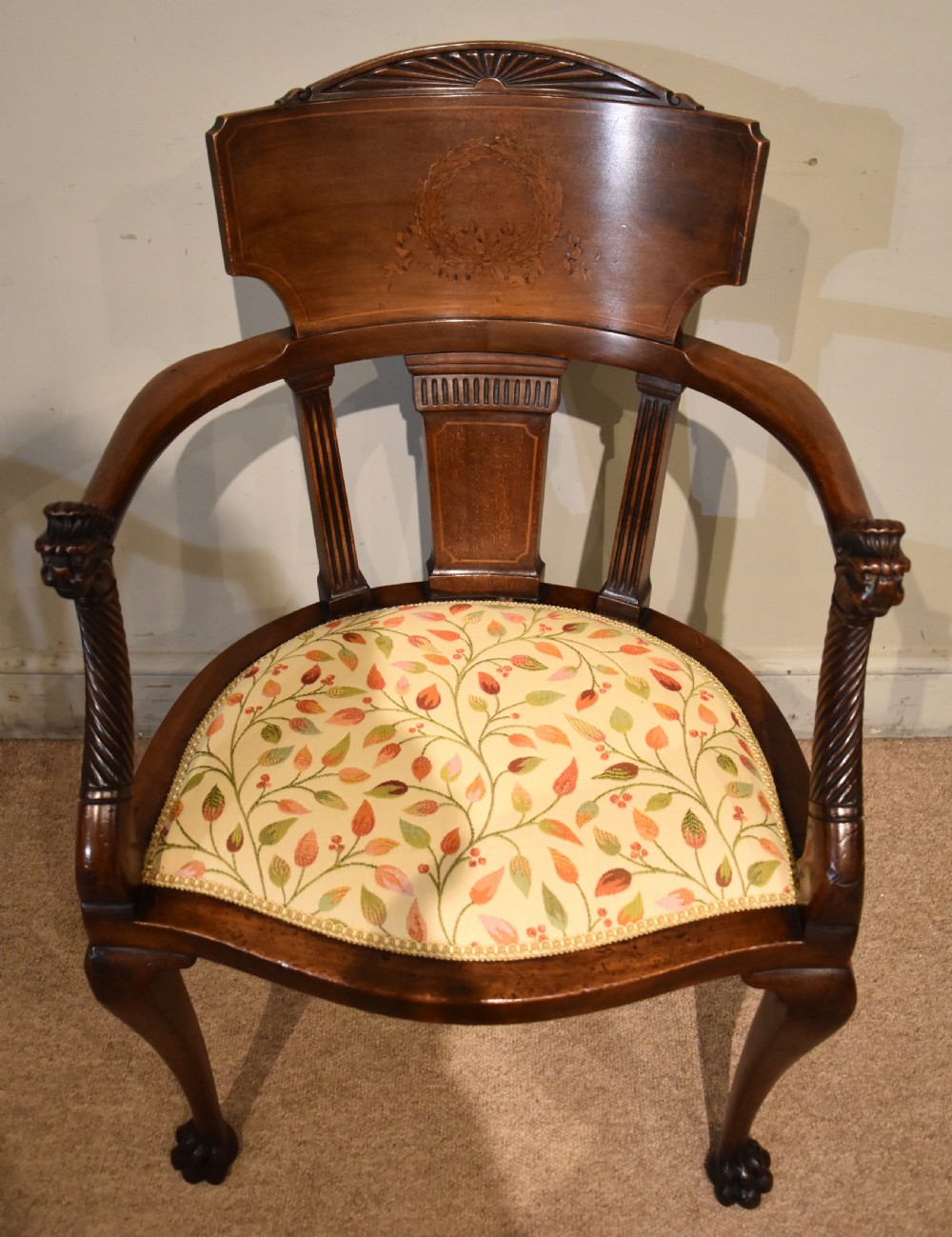 late 19th century French mahogany and marquetry elbow chair View III