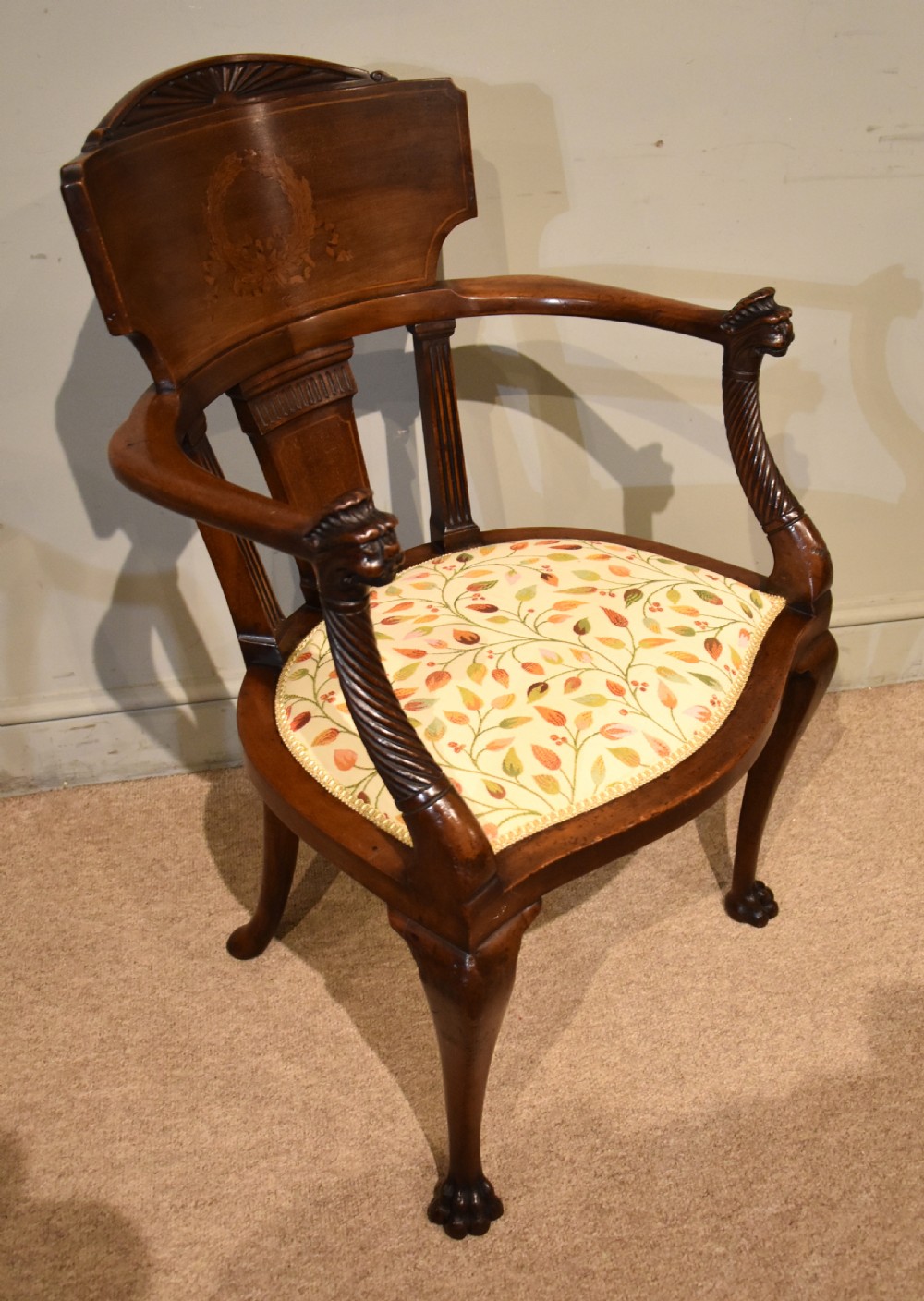 late 19th century French mahogany and marquetry elbow chair View IV