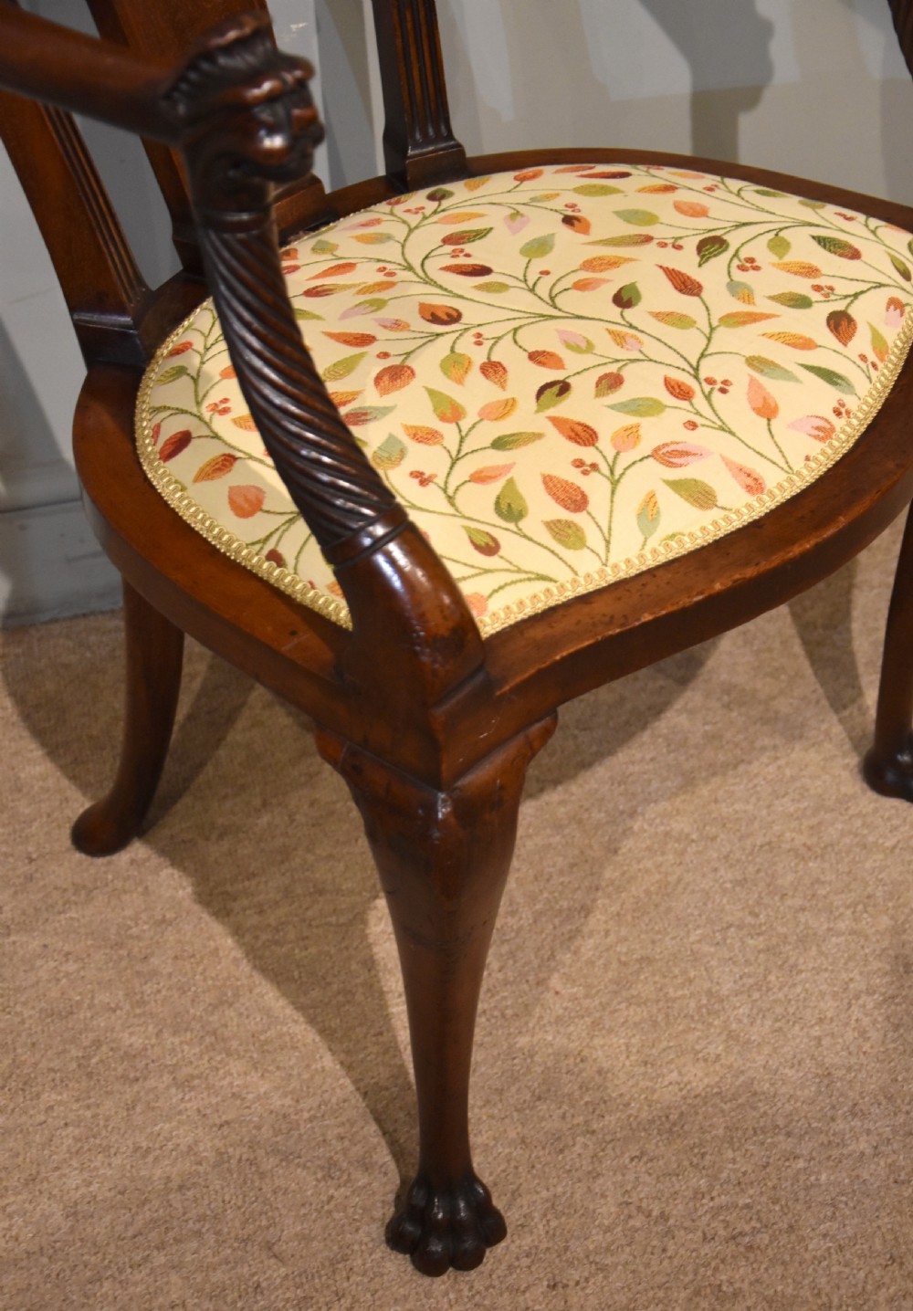 late 19th century French mahogany and marquetry elbow chair View VII