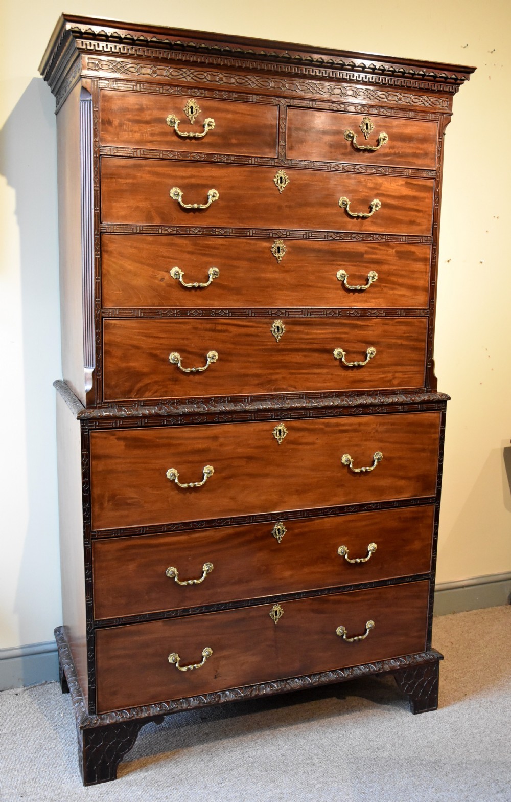 Mid 18th century mahogany carved chest on chest