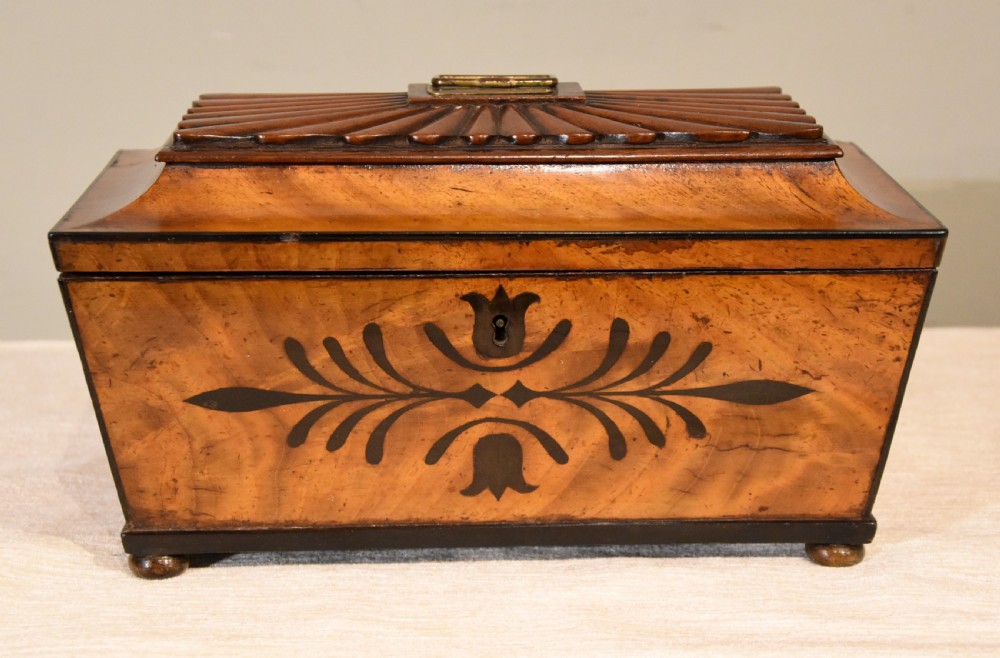 A 19th-century sarcophagus-shaped mahogany tea caddy with a carved fluted lid, ebony floral inlay on the front, and small feet. View II