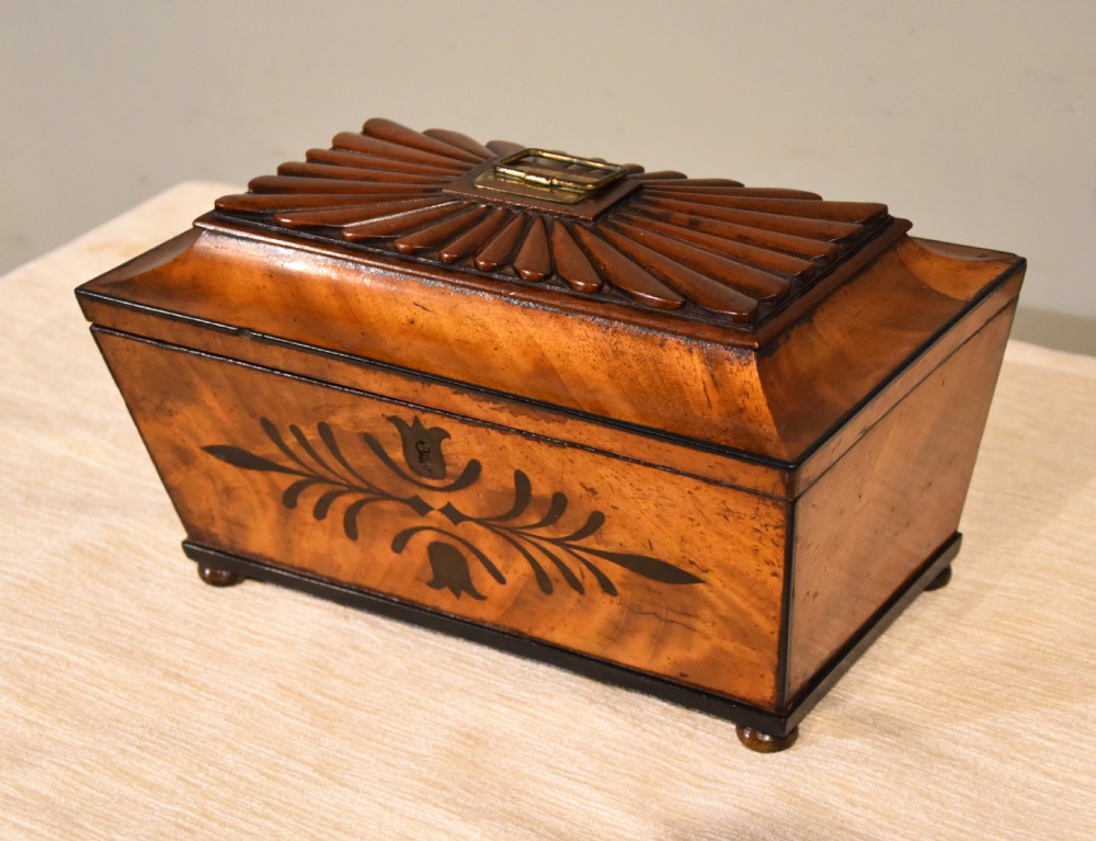 A 19th-century sarcophagus-shaped mahogany tea caddy with a carved fluted lid, ebony floral inlay on the front, and small feet. View III