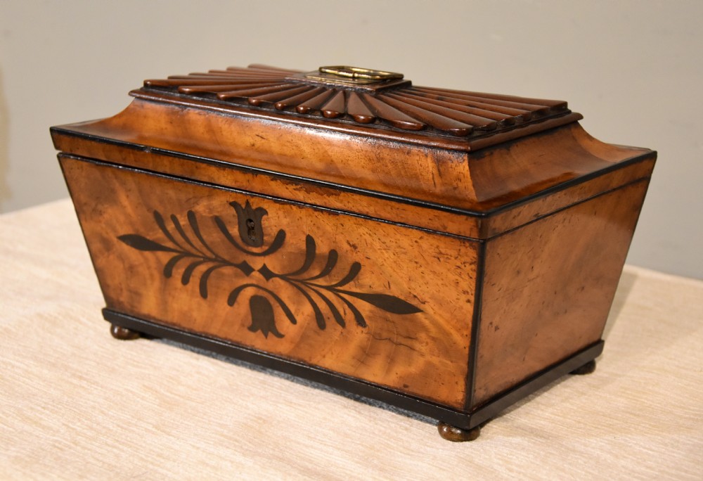 A 19th-century sarcophagus-shaped mahogany tea caddy with a carved fluted lid, ebony floral inlay on the front, and small feet. View IV