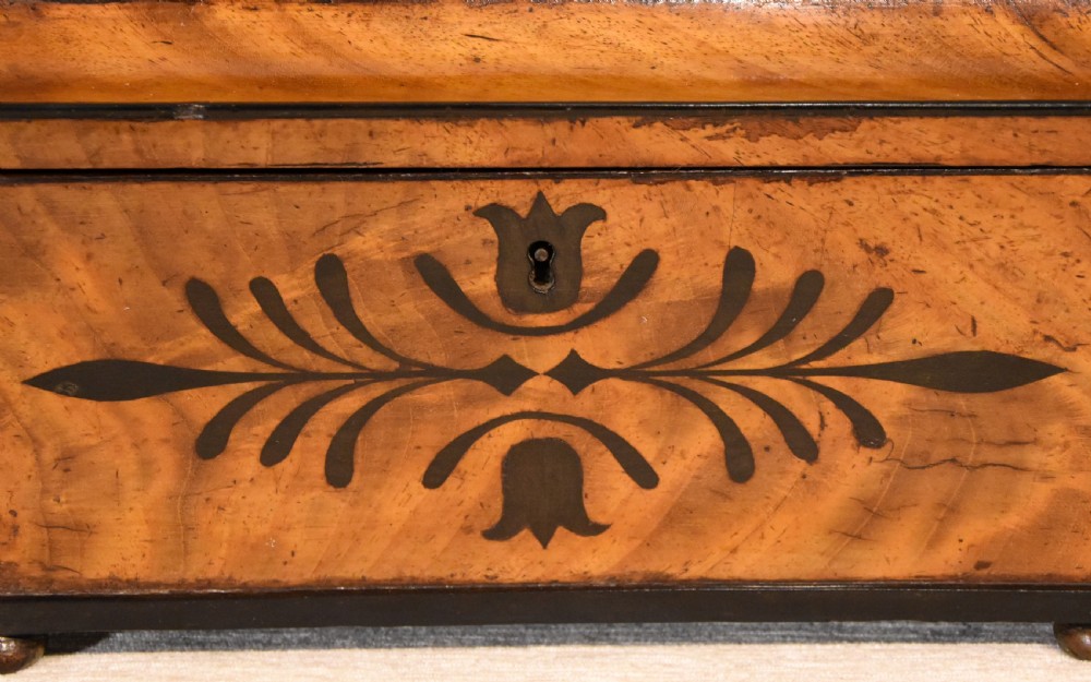 A 19th-century sarcophagus-shaped mahogany tea caddy with a carved fluted lid, ebony floral inlay on the front, and small feet. View VII
