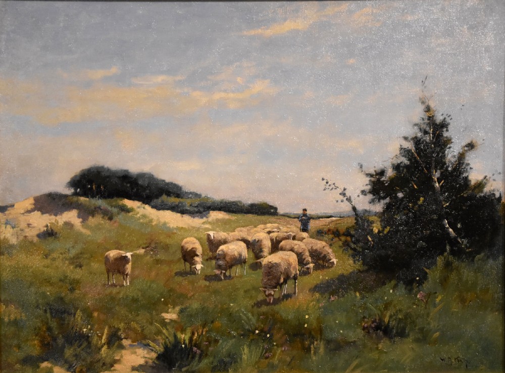 An oil painting on canvas depicting a flock of sheep grazing in an open landscape, framed in an ornate gilded wood frame. View II
