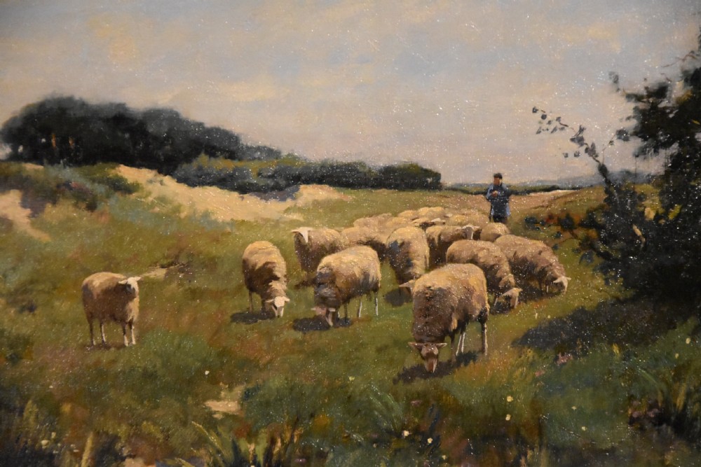 An oil painting on canvas depicting a flock of sheep grazing in an open landscape, framed in an ornate gilded wood frame. View III