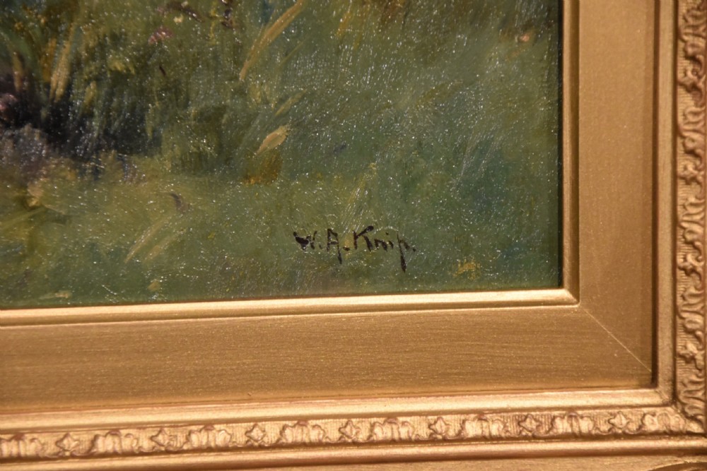 An oil painting on canvas depicting a flock of sheep grazing in an open landscape, framed in an ornate gilded wood frame. View IV