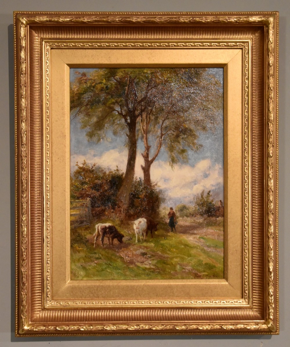 A pair of framed Victorian oil paintings depicting rural countryside scenes with livestock, figures, and farmhouses enclosed in ornate gilt frames. View II
