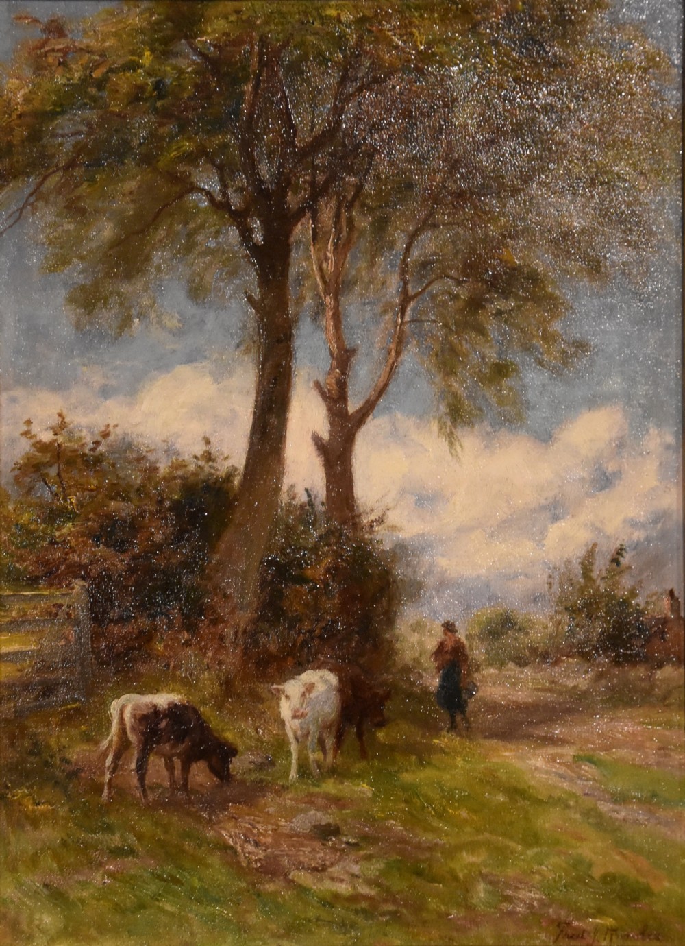 A pair of framed Victorian oil paintings depicting rural countryside scenes with livestock, figures, and farmhouses enclosed in ornate gilt frames. View III