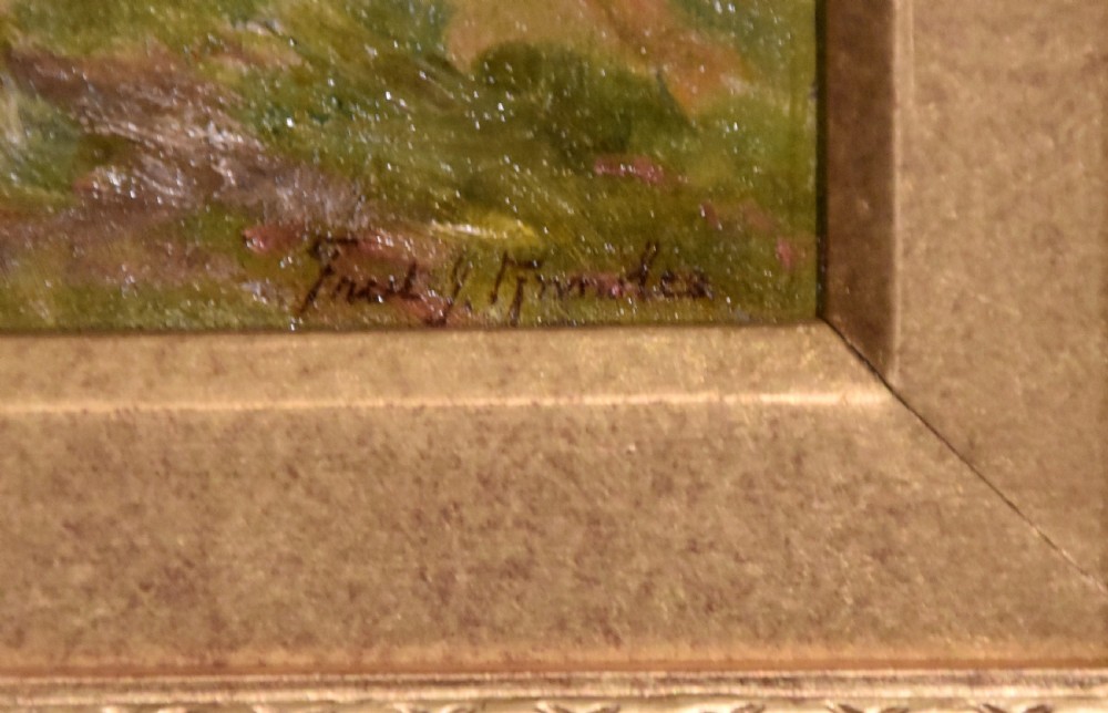 A pair of framed Victorian oil paintings depicting rural countryside scenes with livestock, figures, and farmhouses enclosed in ornate gilt frames. View IV
