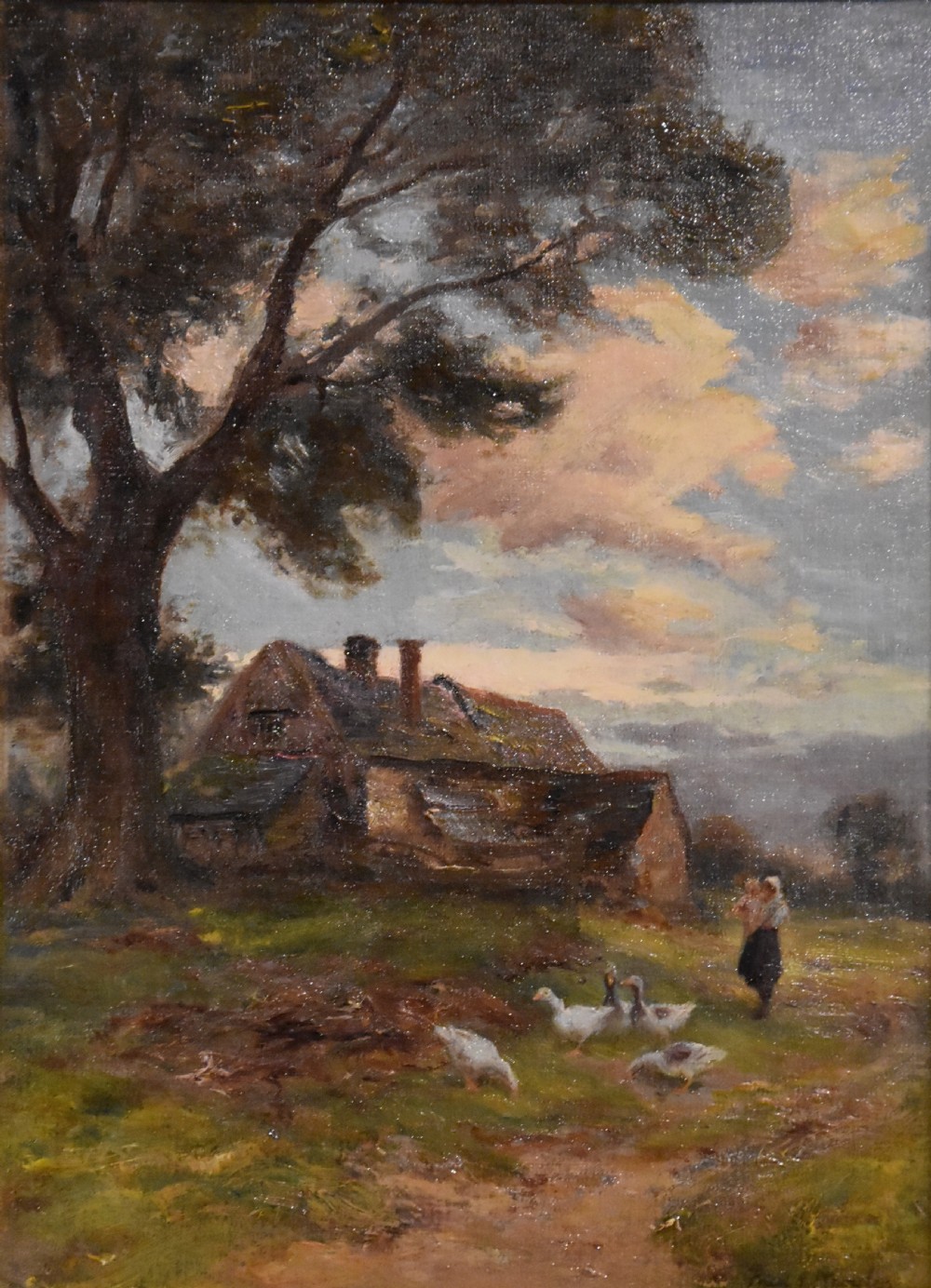 A pair of framed Victorian oil paintings depicting rural countryside scenes with livestock, figures, and farmhouses enclosed in ornate gilt frames. View V