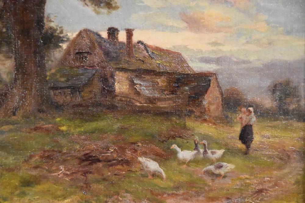 A pair of framed Victorian oil paintings depicting rural countryside scenes with livestock, figures, and farmhouses enclosed in ornate gilt frames. View VI