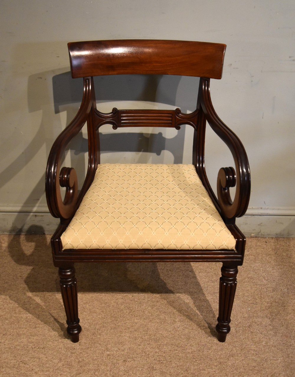 Regency period mahogany scroll armchair  View II