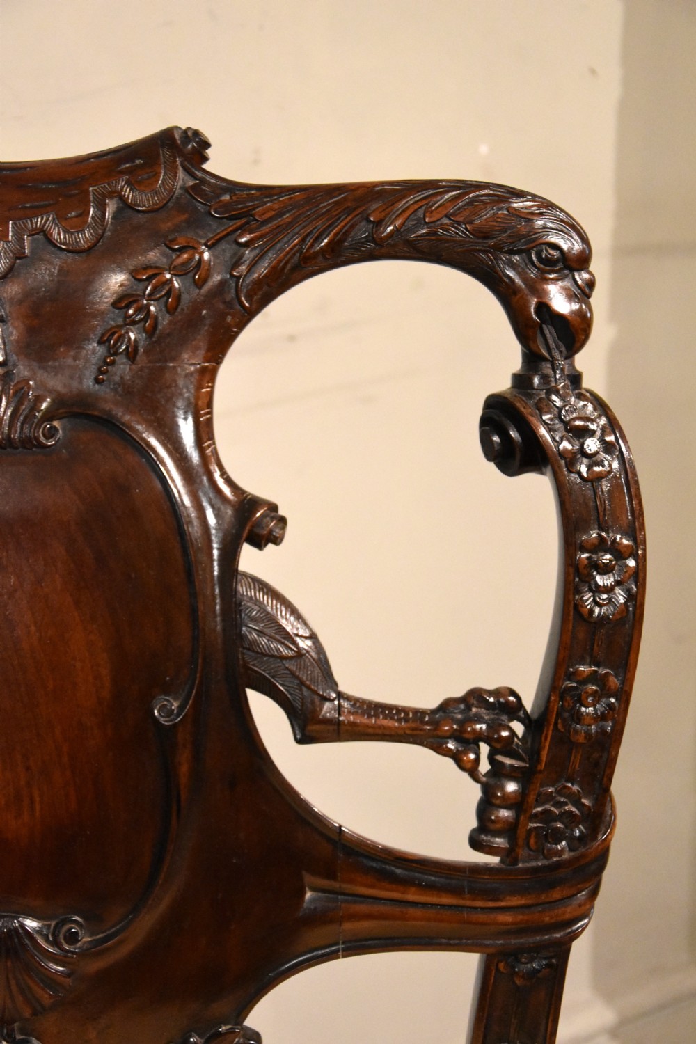 A 19th-century Cuban mahogany side chair featuring an openwork carved back, gold fabric seat, and cabriole legs with claw and ball feet. View IV