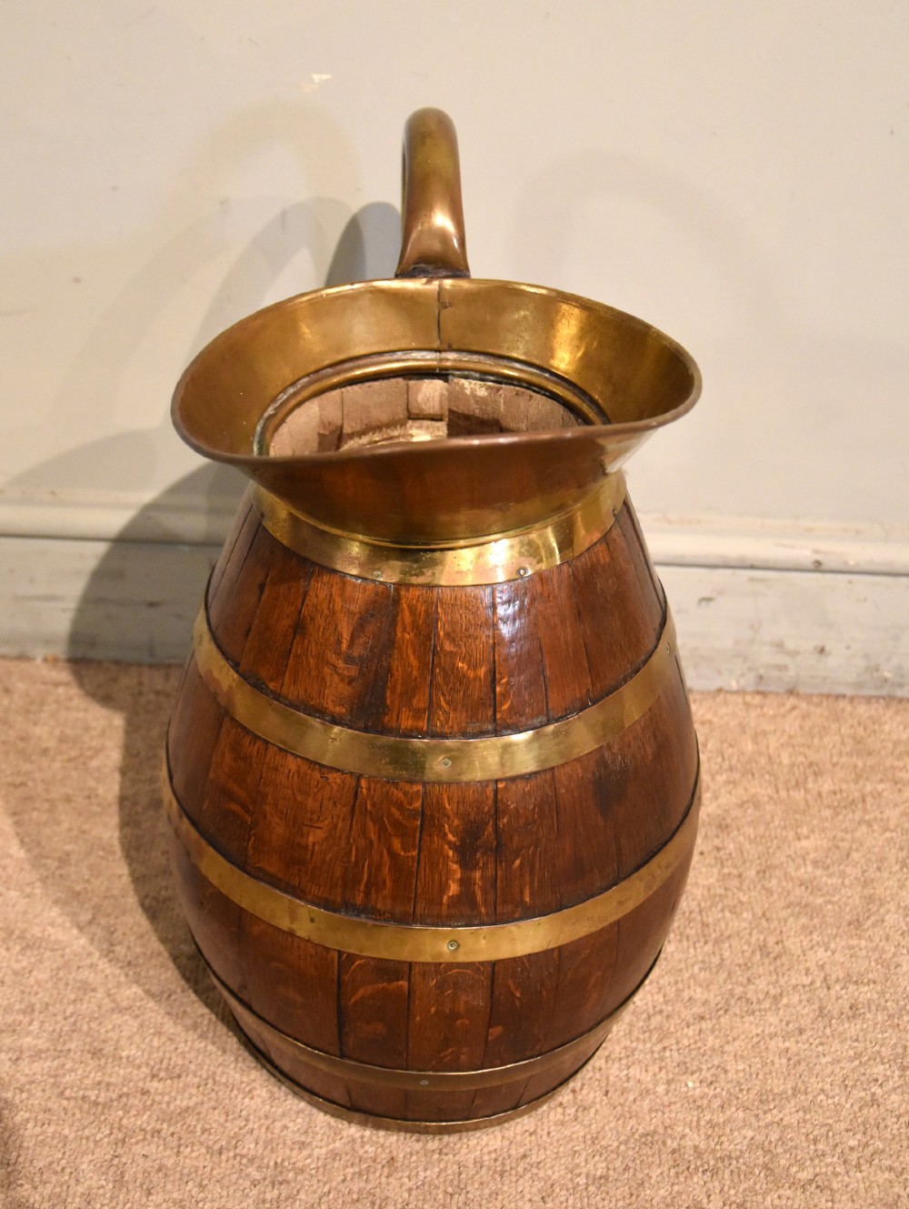 Large Victorian oak and brass bound pitcher jug View III