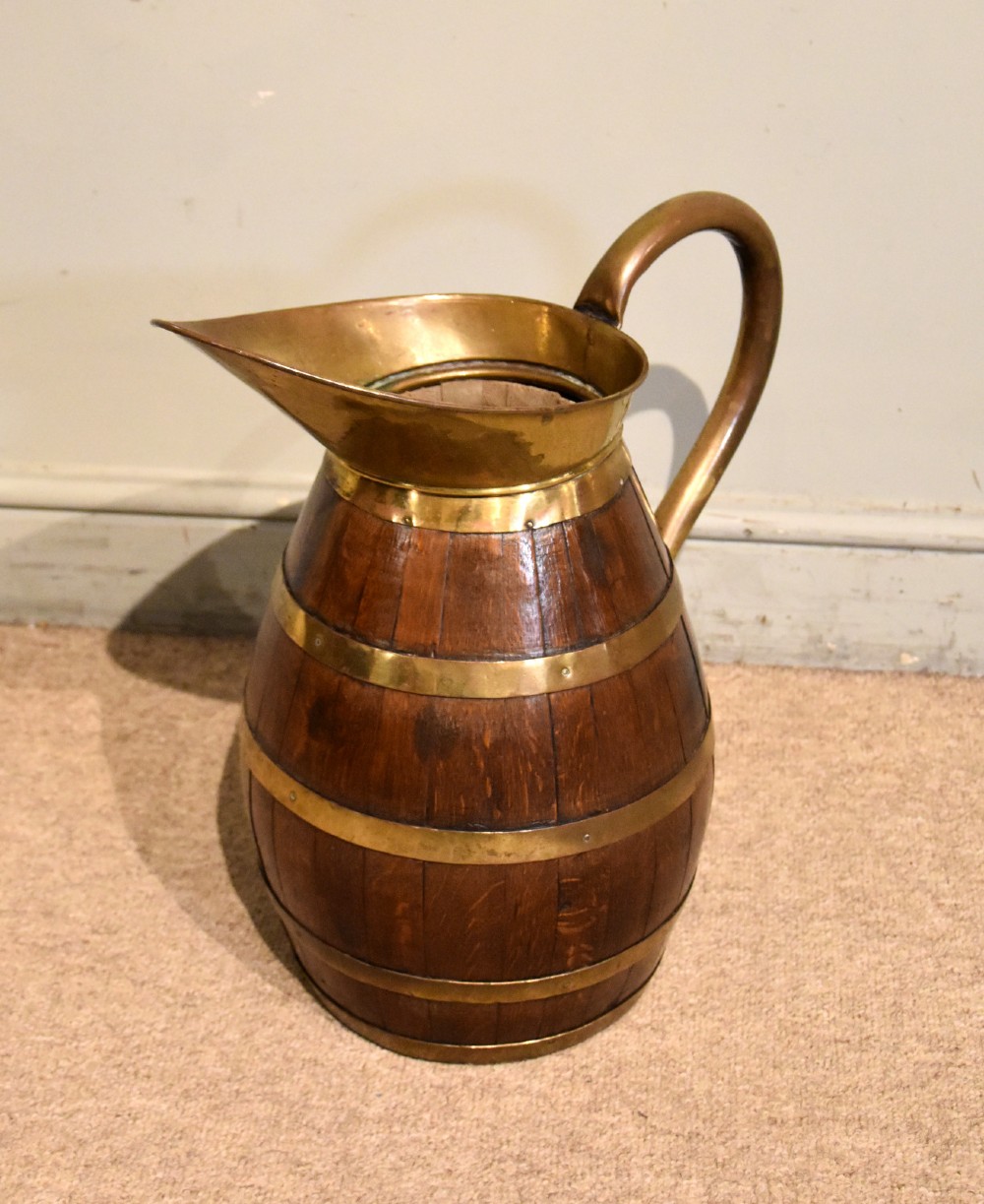 Large Victorian oak and brass bound pitcher jug View VI