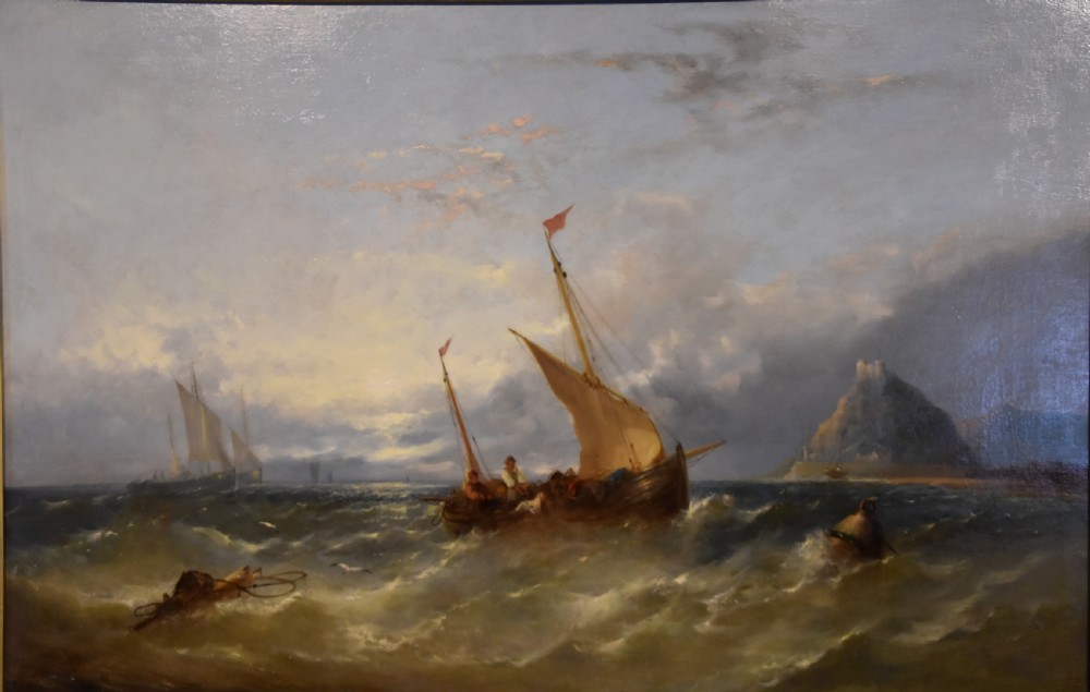 A Victorian oil painting depicting fishing boats on turbulent waters off St Michaels Mount set within an ornate gold gilt frame. View II
