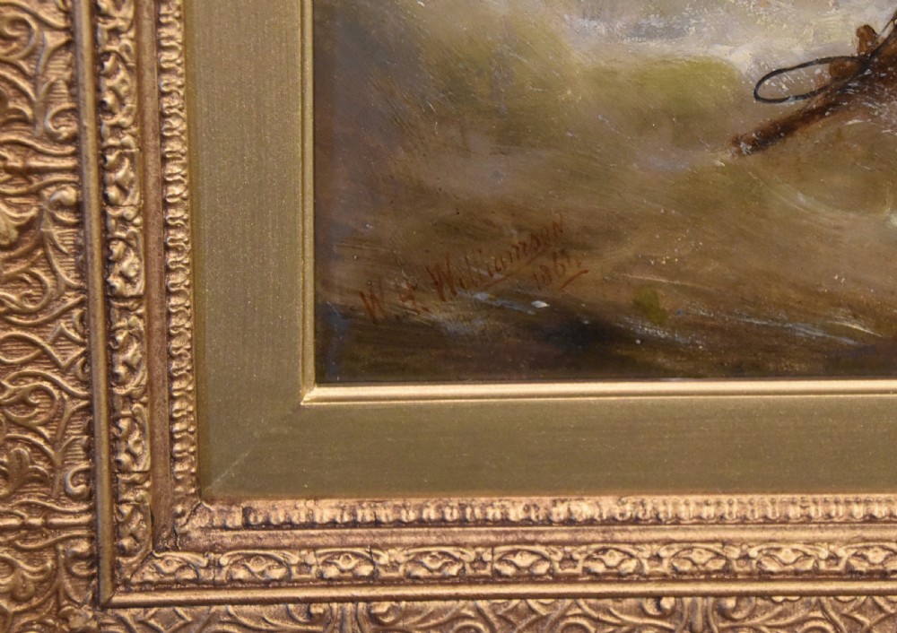 A Victorian oil painting depicting fishing boats on turbulent waters off St Michaels Mount set within an ornate gold gilt frame. View IV