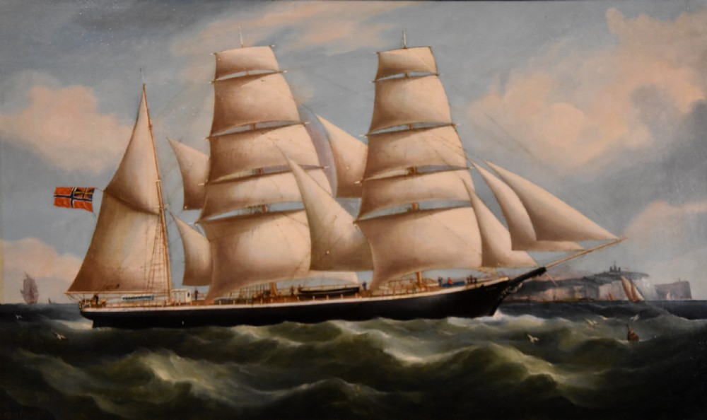 An antique oil painting depicting a three-masted Norwegian barque sailing on green seas within a moulded gold leaf frame. View II