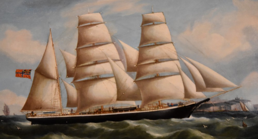 An antique oil painting depicting a three-masted Norwegian barque sailing on green seas within a moulded gold leaf frame. View III