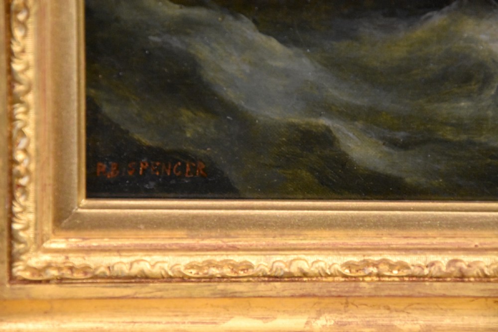 An antique oil painting depicting a three-masted Norwegian barque sailing on green seas within a moulded gold leaf frame. View IV