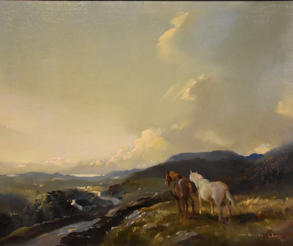 An oil painting depicting two horses on a grassy hill under a cloudy sky, displayed in an ornate carved giltwood frame. View II