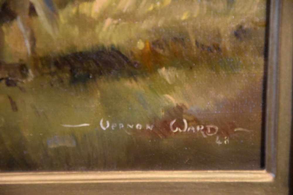 An oil painting depicting two horses on a grassy hill under a cloudy sky, displayed in an ornate carved giltwood frame. View IV