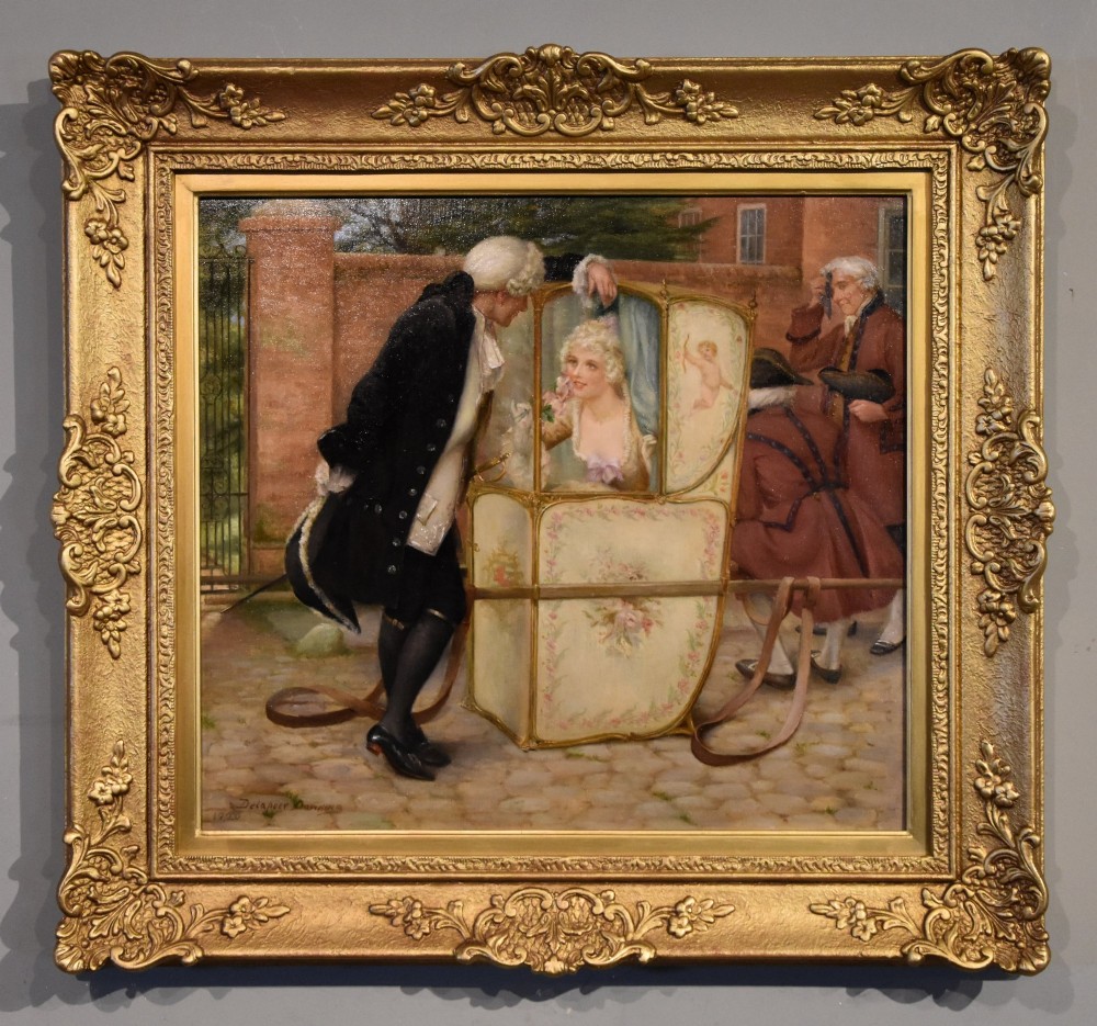 An antique Victorian framed oil painting depicting an 18th-century lady inside an ornate sedan chair interacting with a gentleman, framed in a heavy gold leaf plaster moulding.