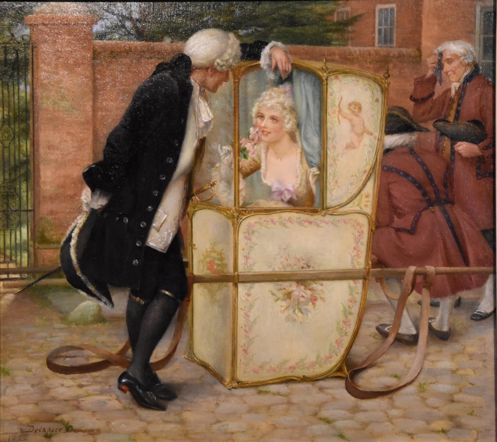 An antique Victorian framed oil painting depicting an 18th-century lady inside an ornate sedan chair interacting with a gentleman, framed in a heavy gold leaf plaster moulding. View II
